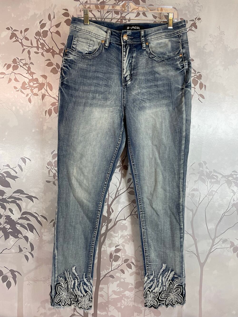 S-JACOL Embroidered Butterfly Floral Sequin Jeans Medium Wash Size M Y2K Boho